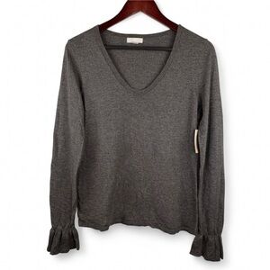 Women’s Vintage Grey Ruffle Bell Sleeve Scoop Neck Knit Sweater Chic Small NWT S